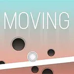 Textul MOVING UP pe un fundal degrade cu găuri negre și o platformă albă înclinată pe care stă o minge albă