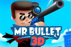Ilustrație cu un personaj stilizat, cu o pușcă cu lunetă și ochelari de soare, pe fundal albastru vibrant, cu textul MR BULLET 3D