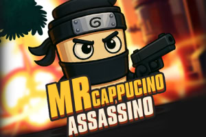 Personaj animat cu bandană și mască, ținând o armă, pe un fundal luminos, alături de textul MR CAPPUCINO ASSASSINO