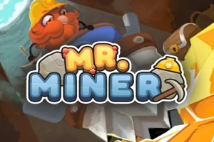Miner cu barbă roșie și cască de protecție în fundal, cu logo-ul „Mr