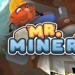 Miner cu barbă roșie și cască de protecție în fundal, cu logo-ul „Mr