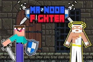 Două personaje pixelate, unul cu sabie și scut albastru, celălalt îmbrăcat în alb, stând în fața unui perete de piatră, cu titlul Mr Noob Fighter deasupra