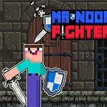 Două personaje pixelate, unul cu sabie și scut albastru, celălalt îmbrăcat în alb, stând în fața unui perete de piatră, cu titlul Mr Noob Fighter deasupra