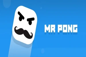 Fond albastru cu o figură albă cu mustață și sprâncene îndoite, lângă textul MR PONG