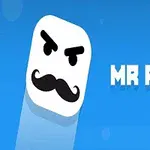 Fond albastru cu o figură albă cu mustață și sprâncene îndoite, lângă textul MR PONG