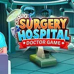 Un doctor în halat albastru și mască stând în fața unui laptop, cu un poster colorat în spate care include echipament medical și text