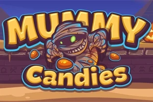 Mumia înfășurată zâmbind, înconjurată de bomboane portocalii, cu textul Mummy Candies deasupra