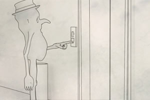 Personaj desenat apăsând un buton lângă o ușă, purtând o pălărie