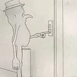 Personaj desenat apăsând un buton lângă o ușă, purtând o pălărie