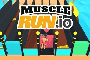 Un personaj aleargă printr-un coridor colorat cu obstacole, sub textul mare MUSCLE RUN