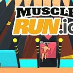 Un personaj aleargă printr-un coridor colorat cu obstacole, sub textul mare MUSCLE RUN