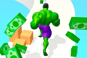 Un personaj muscular verde, îmbrăcat în pantaloni scurți mov, aleargă pe un drum alb, înconjurat de bancnote și cutii