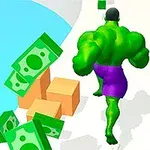 Un personaj muscular verde, îmbrăcat în pantaloni scurți mov, aleargă pe un drum alb, înconjurat de bancnote și cutii