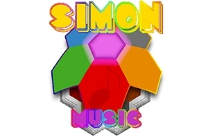 Logo colorat cu textul „SIMON Music” și un design hexagonal multicolor