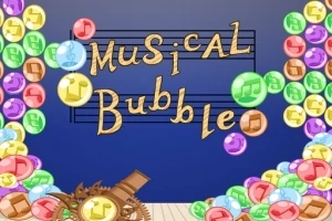 Bule colorate cu note muzicale și text decorativ Musical Bubble pe fundal albastru, cu un mecanism în partea de jos