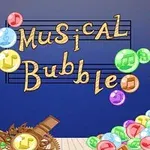 Bule colorate cu note muzicale și text decorativ Musical Bubble pe fundal albastru, cu un mecanism în partea de jos