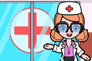 Asistentă animată cu păr portocaliu, purtând ochelari și uniformă medicală, în fața unei uși cu simbolul crucii roșii