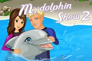Un bărbat și o femeie zâmbesc în timp ce țin un delfin într-o piscină, cu textul My dolphin Show 2 deasupra