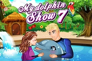 Doi oameni interacționează cu un delfin într-o piscină, înconjurați de vegetație exotică și o colibă, cu un papagal și text violet deasupra