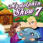Doi oameni interacționează cu un delfin într-o piscină, înconjurați de vegetație exotică și o colibă, cu un papagal și text violet deasupra
