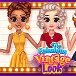 Trei personaje animate în ținute vintage colorate, cu machiaj și coafuri elegante, între un fundal cu lumini strălucitoare