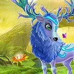 Cerb mistic albastru cu coarne ornamentate și flori în fundal, într-un peisaj peisaj de pădure magică