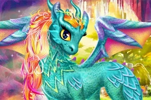 Dragon fantastic cu solzi turcoaz și coamă colorată strălucitoare într-un peisaj colorat