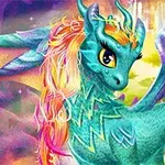 Dragon fantastic cu solzi turcoaz și coamă colorată strălucitoare într-un peisaj colorat
