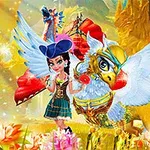 O tânără îmbrăcată în haine de pirat stă alături de o creatură mitică înaripată, într-un peisaj magic plin de flori colorate și elemente fantastice