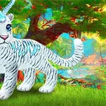 Pui de tigru alb cu corn și cristal albastru pe frunte, stând pe iarbă într-un decor de junglă vibrantă