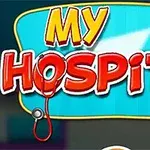 Text colorat My Hospital cu obiecte medicale stilizate pe fundal albastru