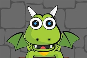 Dragon verde desenat cu ochi mari, cornițe albe și aripi, pe un fundal de perete gri