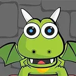 Dragon verde desenat cu ochi mari, cornițe albe și aripi, pe un fundal de perete gri