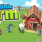 Ilustrație colorată cu fermă, include un hambar roșu, un fermier desenat, o oaie, găleți și o pompă de apă pe un fundal verde
