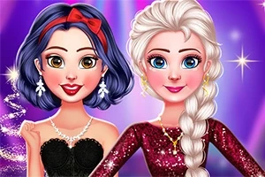 Două personaje animate, îmbrăcate elegant, una cu părul scurt și fundă roșie, cealaltă cu părul lung și alb, pe un fundal violet