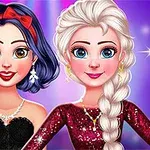 Două personaje animate, îmbrăcate elegant, una cu părul scurt și fundă roșie, cealaltă cu părul lung și alb, pe un fundal violet