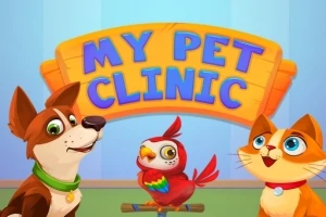 Câine, papagal și pisică animată sub un semn colorat cu textul My Pet Clinic