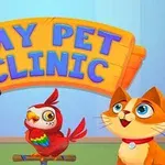 Câine, papagal și pisică animată sub un semn colorat cu textul My Pet Clinic