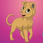 Un pui de leu desenat animat pe un fundal roz, privind înapoi cu o expresie veselă