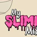 Textul My Slime Mixer cu litere roz stilizate pe un fundal bej, alături de un bol și o cutie parțial vizibile