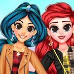 Două personaje animate cu păr lung și colorat, îmbrăcate în ținute la modă, zâmbind pe un fundal pastelat