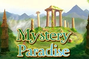 Ruine antice într-un peisaj montan înconjurat de vegetație luxuriantă, cu textul „Mystery Paradise” în prim-plan