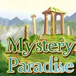 Ruine antice într-un peisaj montan înconjurat de vegetație luxuriantă, cu textul „Mystery Paradise” în prim-plan