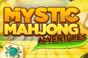 Textul Mystic Mahjong Adventures pe fundal galben cu o piesă de mahjong având un simbol de crab