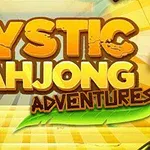 Textul Mystic Mahjong Adventures pe fundal galben cu o piesă de mahjong având un simbol de crab