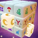 Cub alcătuit din blocuri albe iluminate, decorate cu simboluri colorate precum ciuperci, șerpi și cai, pe un fundal mov cu steluțe