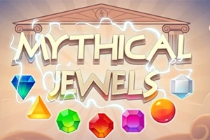 Textul Mythical Jewels înconjurat de simboluri colorate și un fundal cu elemente arhitecturale
