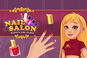 O mână cu unghii roșii este lăcuită lângă o fetiță blondă, având un fundal roz decorativ și textul Nail Salon