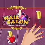 O mână cu unghii roșii este lăcuită lângă o fetiță blondă, având un fundal roz decorativ și textul Nail Salon