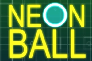 Text galben NEON BALL pe un fundal verde gridat, cu litera O sub formă de cerc albastru luminos